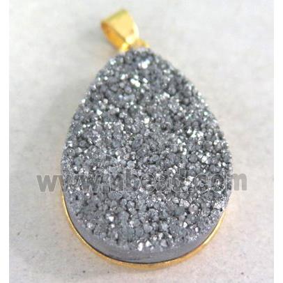 druzy quartz pendant, teardrop, silver electroplated