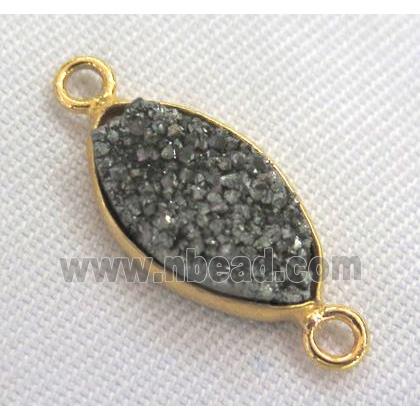 druzy quartz connector, oval, silver electroplated