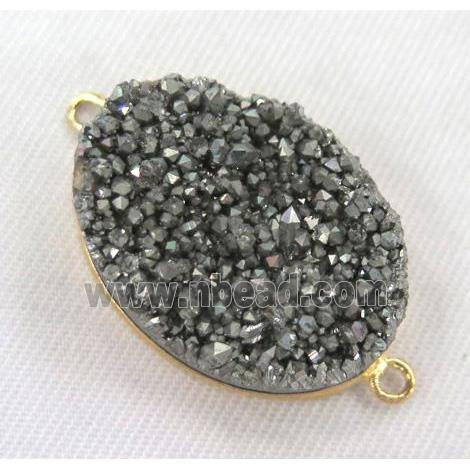 Druzy quartz connector, oval, silver plated