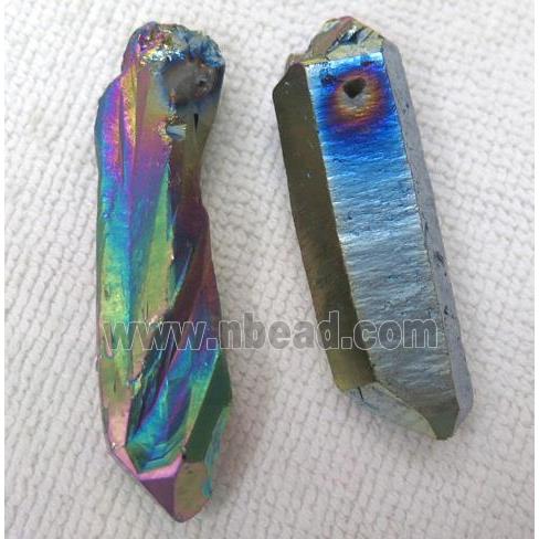 Clear Quartz pendant, freeform stick, rainbow electroplated