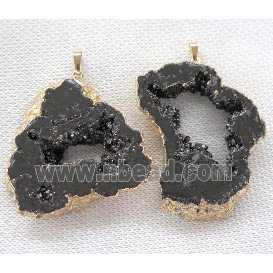 druzy agate pendant, freeform slice, black electroplated