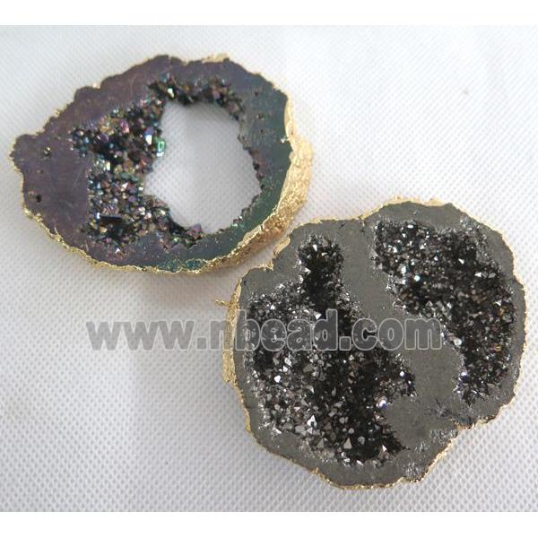 druzy agate pendant with 2-holes, freeform slab, black electroplated