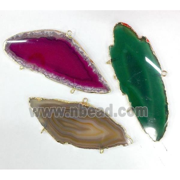 Agate Slice Connector with 3-holes, freeform, gold plated, mixed color