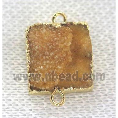 yellow druzy quartz connector, square, gold plated