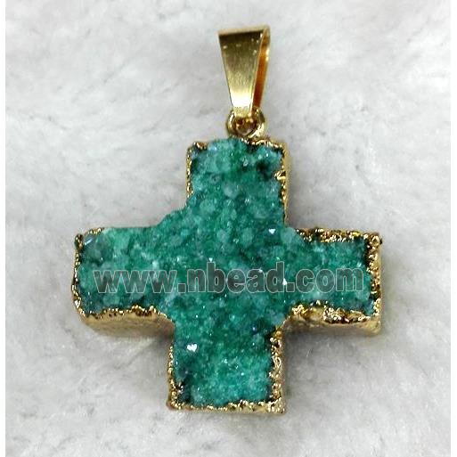 green quartz druzy pendant, cross, gold plated