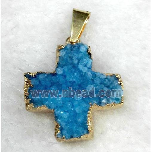 blue quartz druzy pendant, cross, gold plated