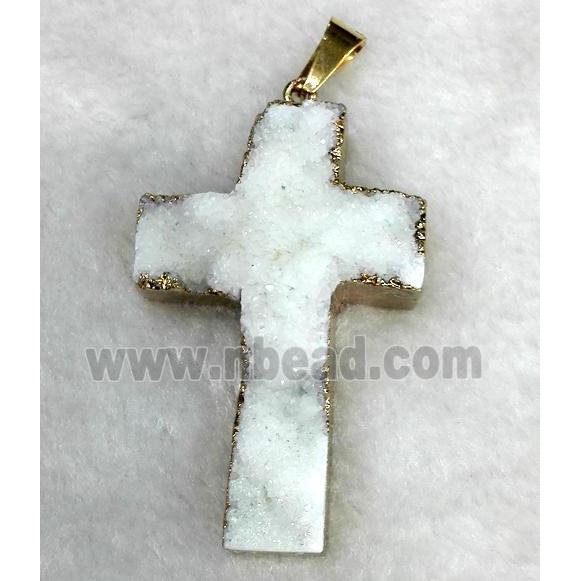 white druzy quartz pendant, cross, gold plated