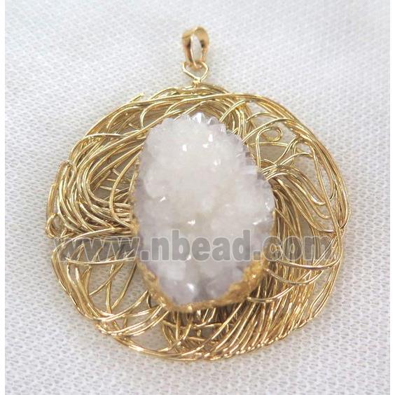 white druzy quartz pendant, gold plated