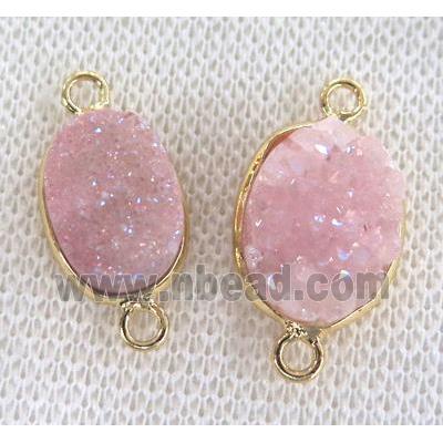 druzy quartz connector, pink, oval