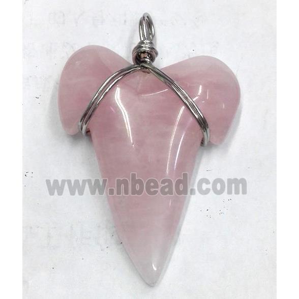 rose quartz pendant, shark-tooth shaped, wire wrapped
