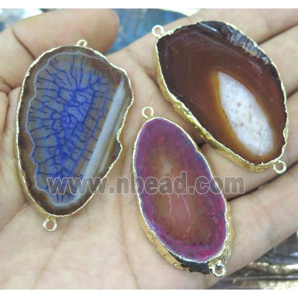 mixed agate slab connector, freeform, gold plated