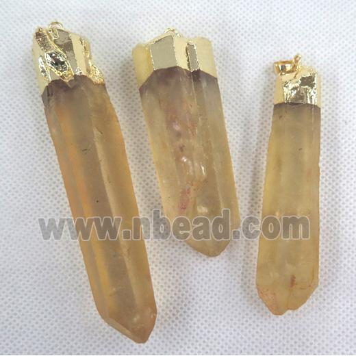clear quartz pendant, stick, yellow dye, gold plated