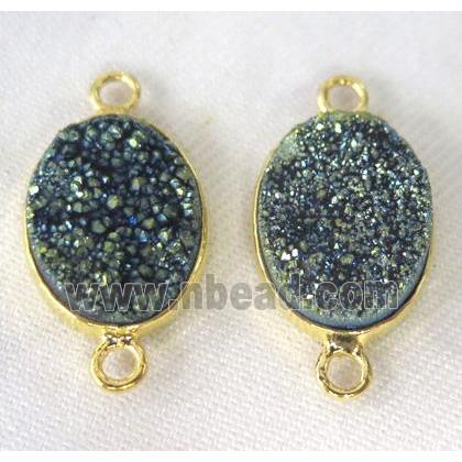 druzy quartz connector, oval, green electroplated