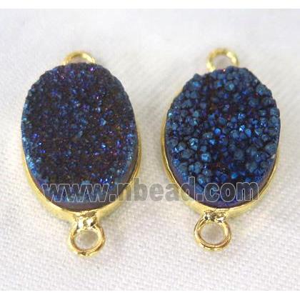 druzy quartz connector, oval, blue electroplated