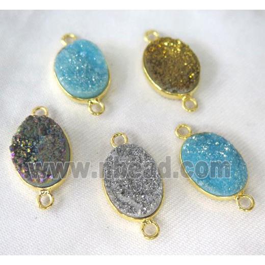 druzy quartz connector, oval, gold plated, mixed color