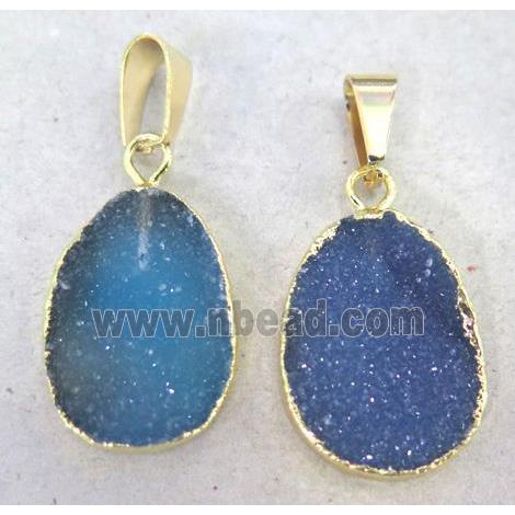 druzy agate pendant, blue dye, freeform, gold plated