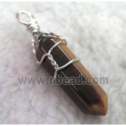 Tiger Eye Stone pendant, bullet, wire wrapped