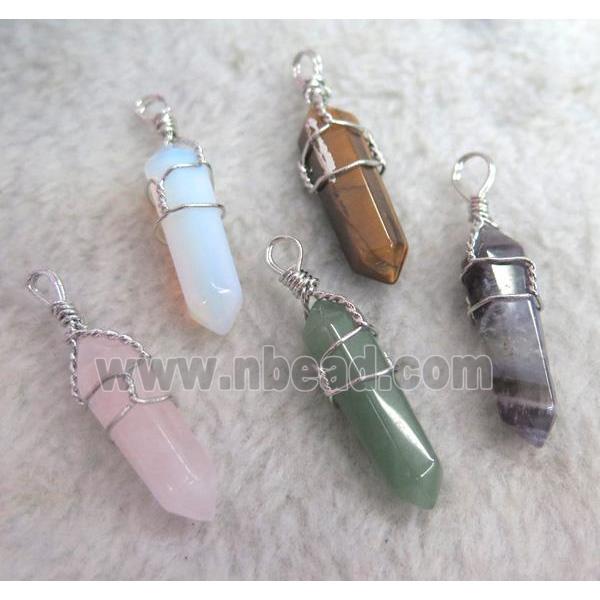 mixed gemstone pendant, bullet, wire wrapped