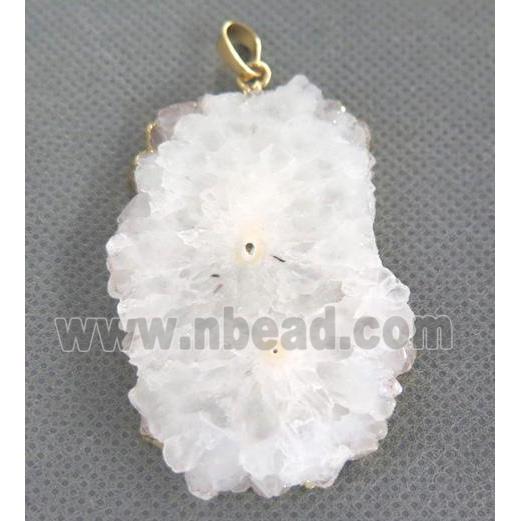 white druzy solar quartz pendant, freeform slice, gold plated