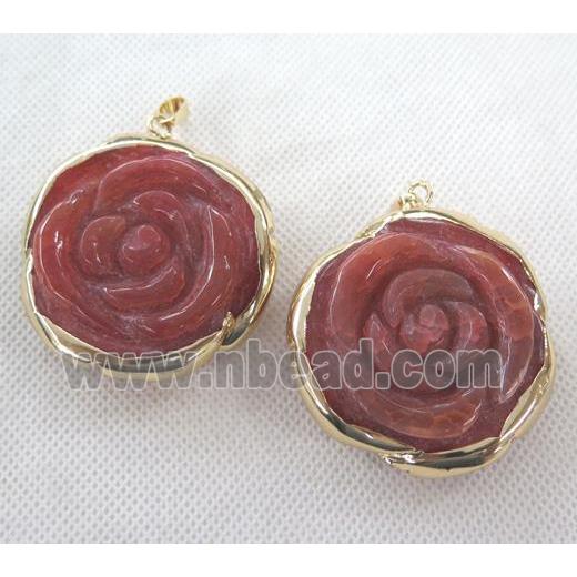 Agate pendant, red, flower, gold plated