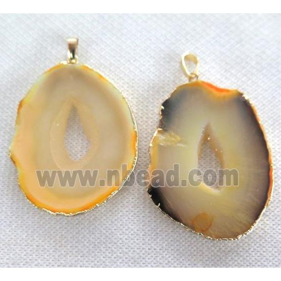 Yellow Agate slice pendant with Druzy, freeform, gold plated