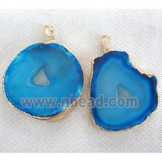 blue Agate slice pendant with Druzy, freeform, gold plated