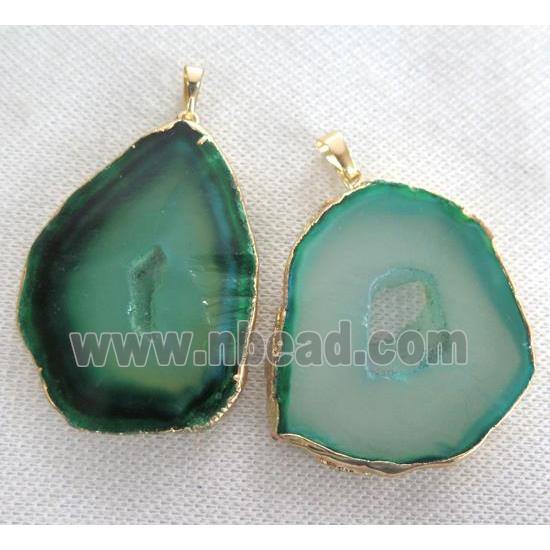 green Agate slice Druzy pendant, freeform slice, gold plated