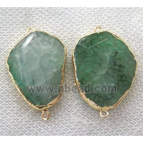 green agate connector, faceted freeform, gold plated