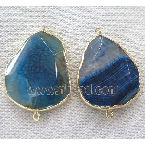 blue Agate Connector, faceted freeform, gold plated