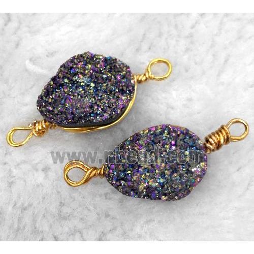 druzy quartz connector, rainbow electroplated, freeform, wire wrapped