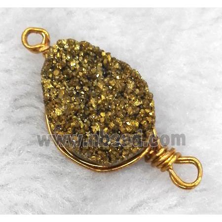 druzy quartz connector, gold electroplated, freeform, wire wrapped
