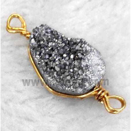 druzy quartz connector, silver electroplated, freeform, wire wrapped