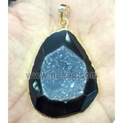 druzy black agate pendant, freeform, faceted