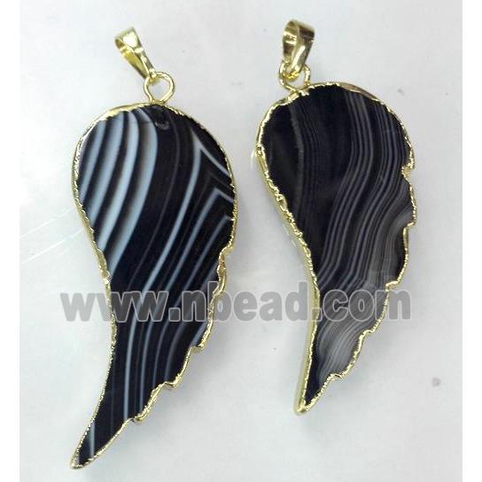 black agate pendant, angel wing, gold plated