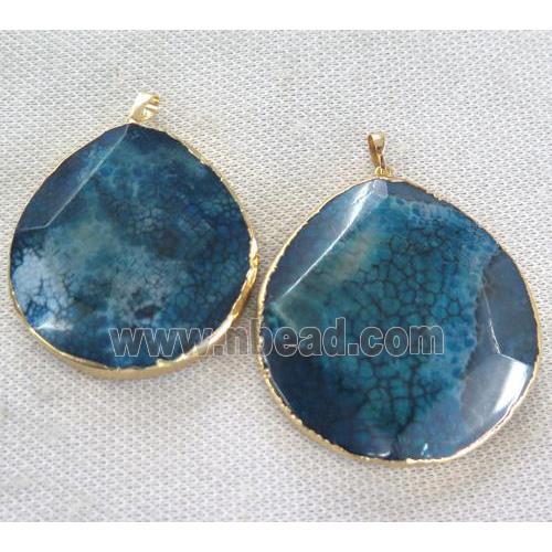 blue agate pendant, faceted teardrop, gold plated