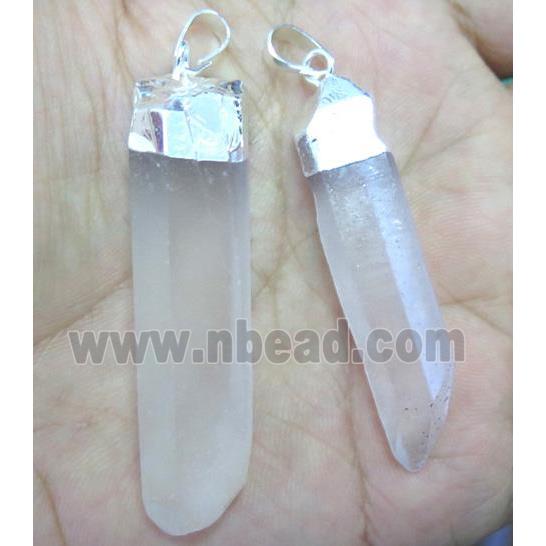 clear quartz pendant, stick, freeform, silver plated