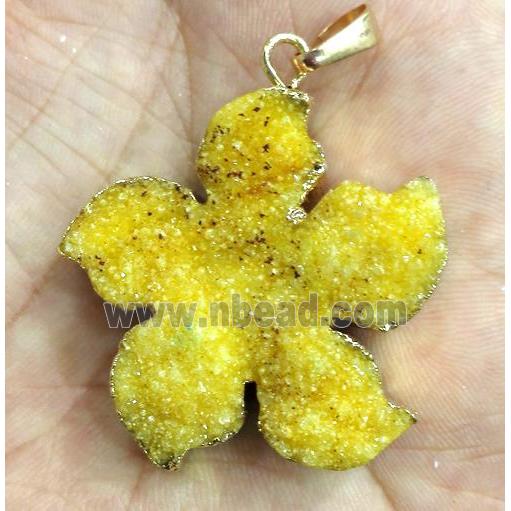 druzy quartz pendant, flower, yellow
