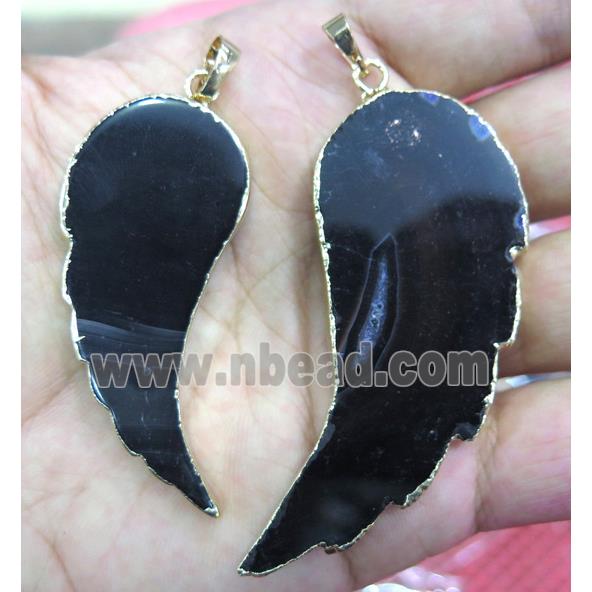 black Agate pendant, angel wing, gold plated