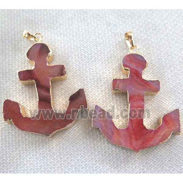 agate pendant, red, anchor, gold plated