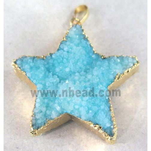 blue quartz druzy star pendant, gold plated