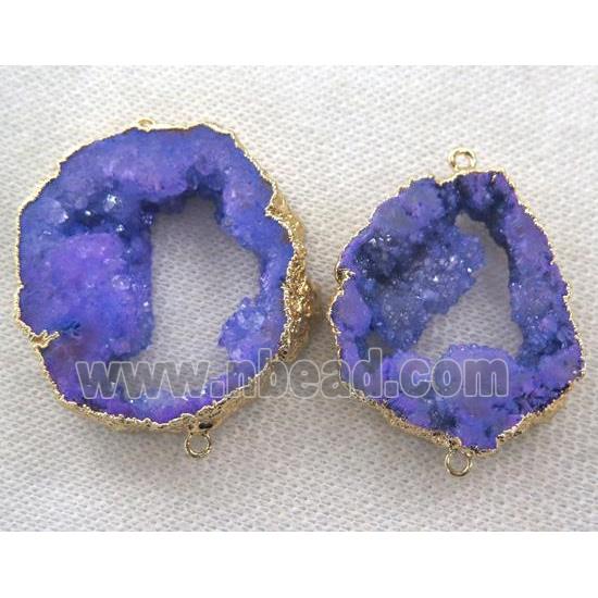 agate druzy slice connector, purple, freeform, gold plated