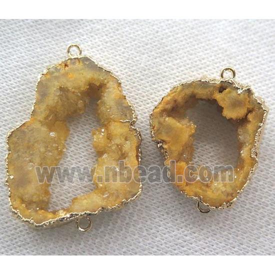 yellow druzy agate connector, slice freeform, gold plated