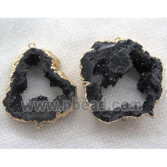 black druzy agate connector, freeform slice, gold plated