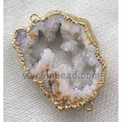 white AB-color druzy agate slice connector, freeform, gold plated