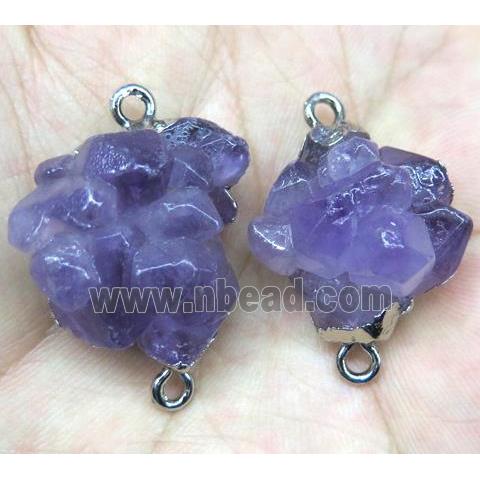 cluster Amethyst point connector, freeform, platinum plated