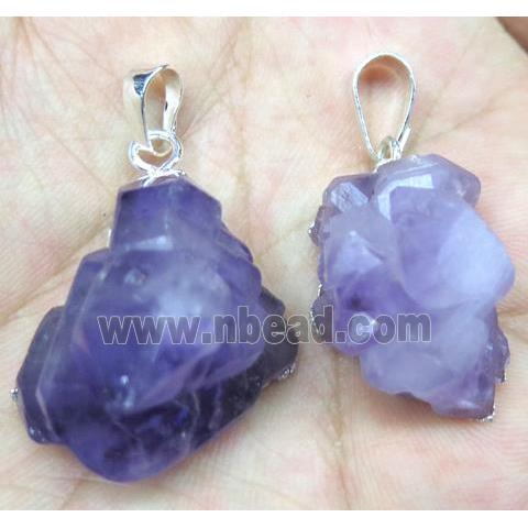 cluster Amethyst point pendant, freeform, silver plated