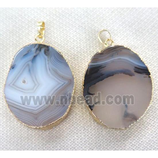 Heihua agate slice pendant, gray, freeform, gold plated