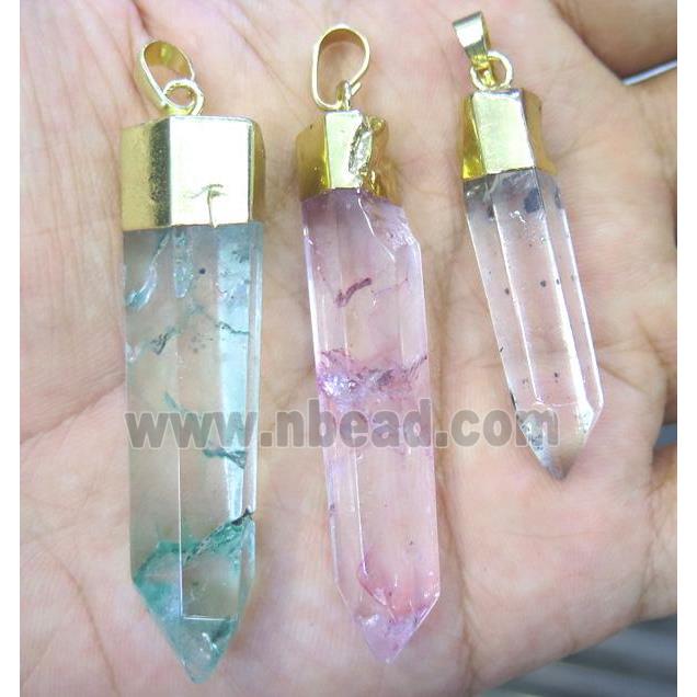 clear quartz stick pendant, dyed, mixed color, gold plated