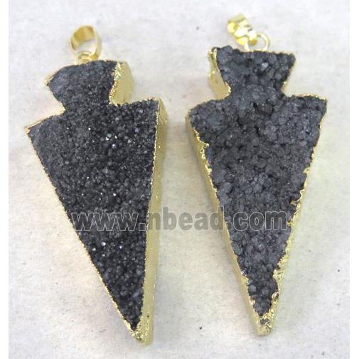 druzy quartz pendant, arrowhead, black
