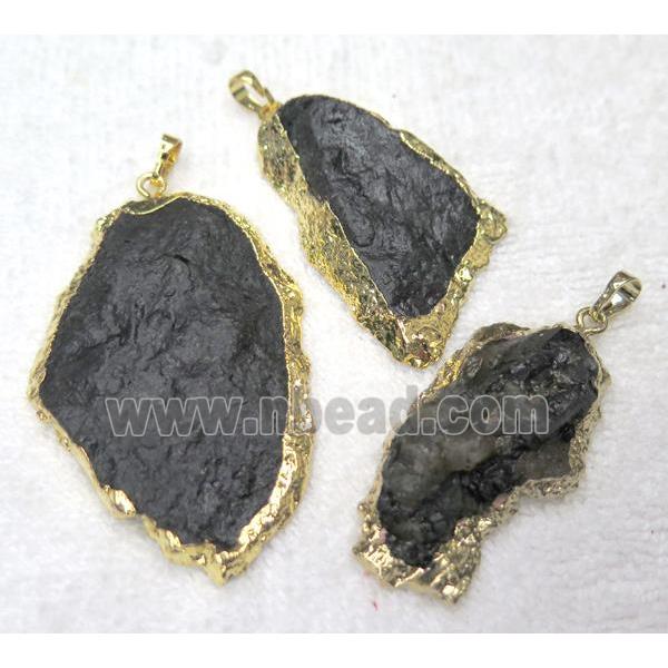 black tourmaline slice pendant, freeform, gold plated
